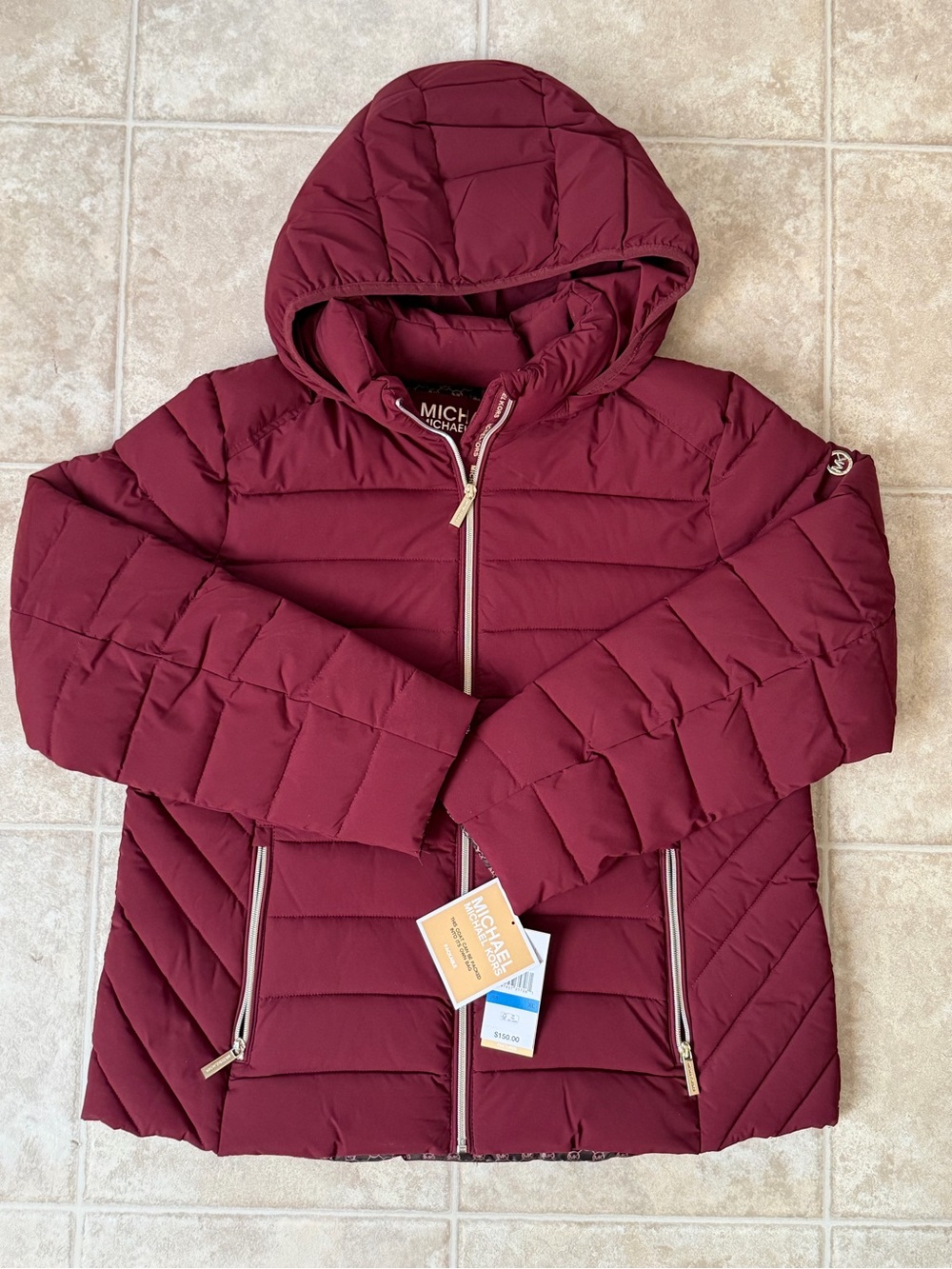 NWT Michael Kors Women's Burgundy Quilted Hooded Puffer Jacket Size XL